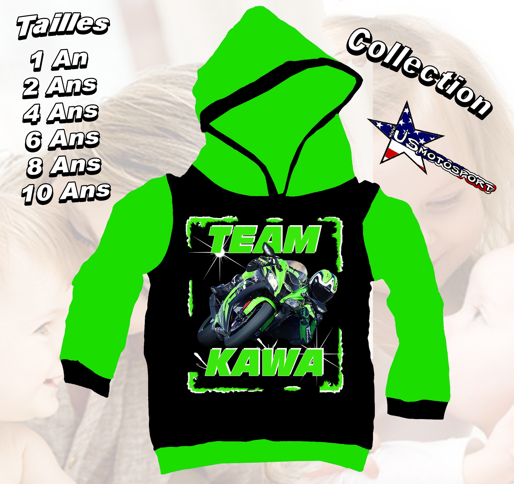 Sweat enfant moto route imprime kawasaki